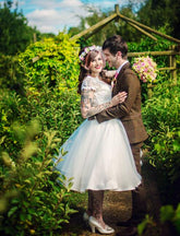 Country Style Scoop Neck Retro Wedding Dress Tea Length,50s Style Wedding Dress,20110630-Dolly Gown